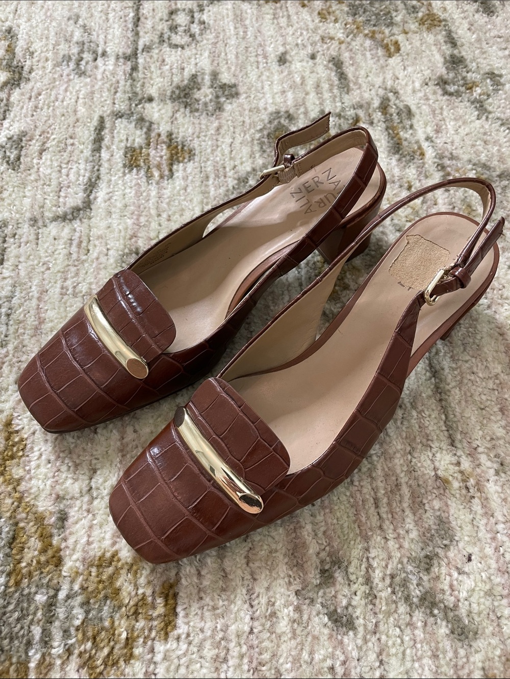 Naturalizer Venezia Brown Croc-Embossed Slingback Flats with Gold Accent Bar